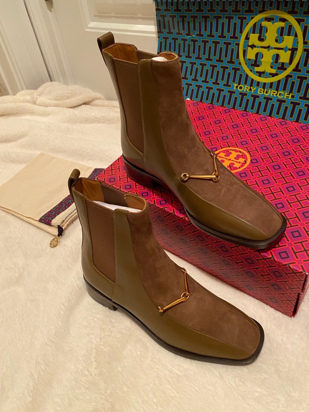 Tory Burch Brown Suede & Leather Ankle Booties with Gold Hardware